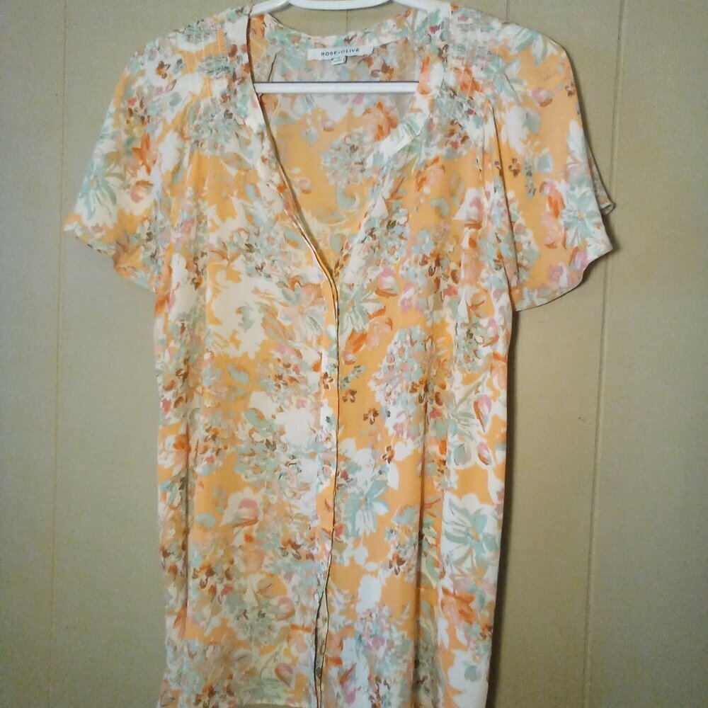 Rose & Olive Blouse Women L Short Sleeve Button Up Feminine Floral Orange Green